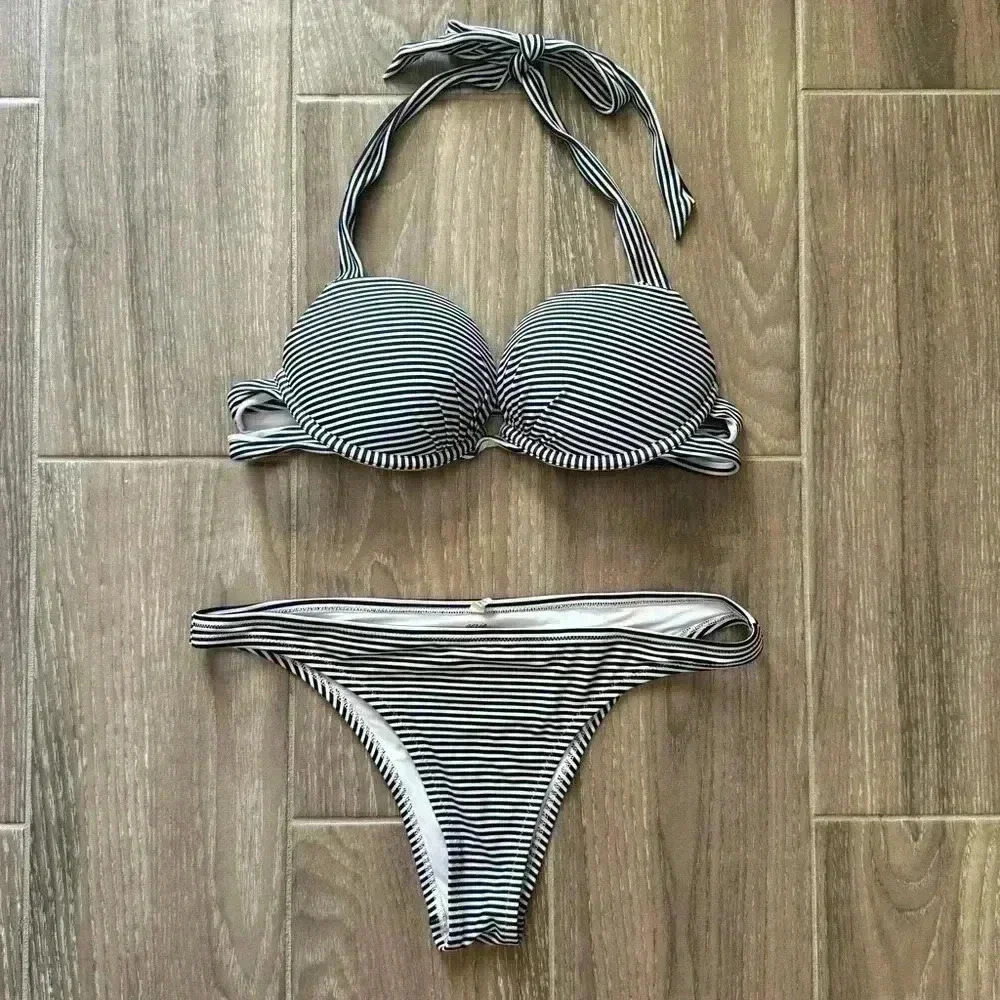 Aerie navy and white striped halter bikini - Picture 1 of 6